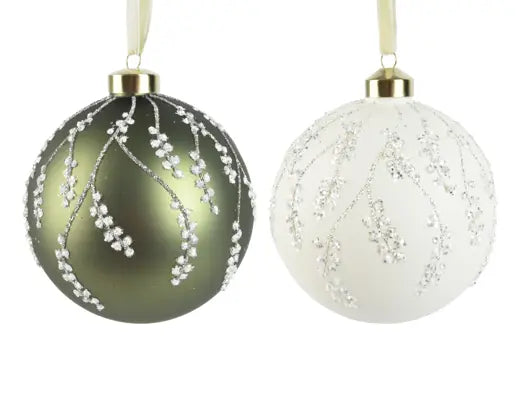 Decoris Baubles Glass with Branches Green or White 12cm Single Assorted