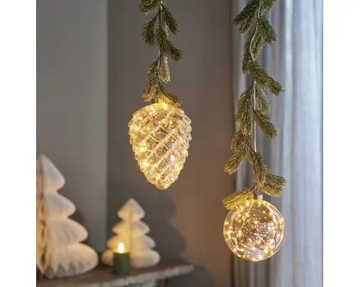 Lumineo Lit Glass Hanging Round Ornament Amber & Classic Warm 14cm