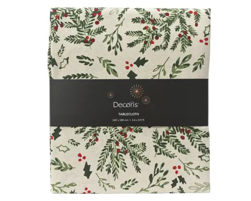 Decoris Cotton Tablecloth Misletoe & Holly Leaf White & Green 180cm x 140cm