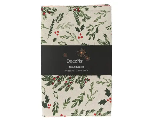 Decoris Cotton Tablerunner Misletoe & Holly Leaf White & Green 150cm x 30cm