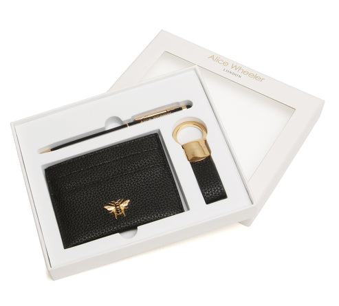 Alice Wheeler London Black Bow Card Holder, Key Ring And Pen Gift Set