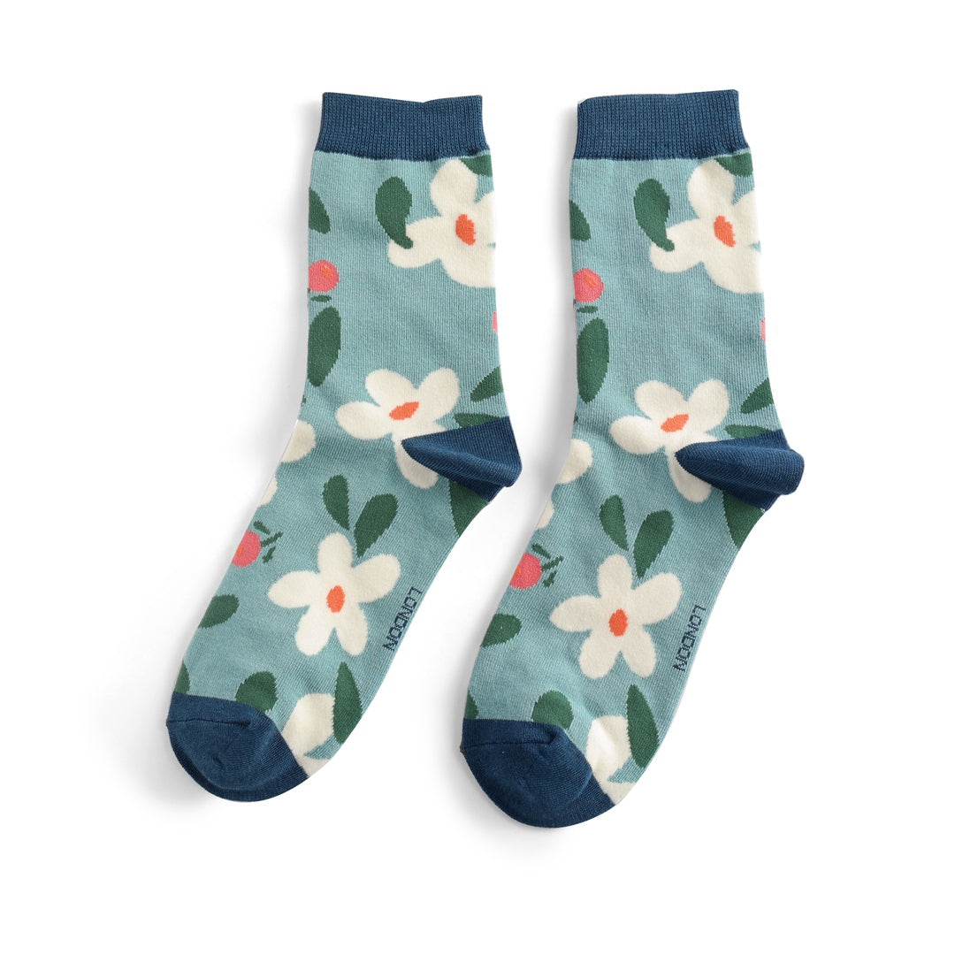 Miss Sparrow Falling Daisies Socks Duck Egg