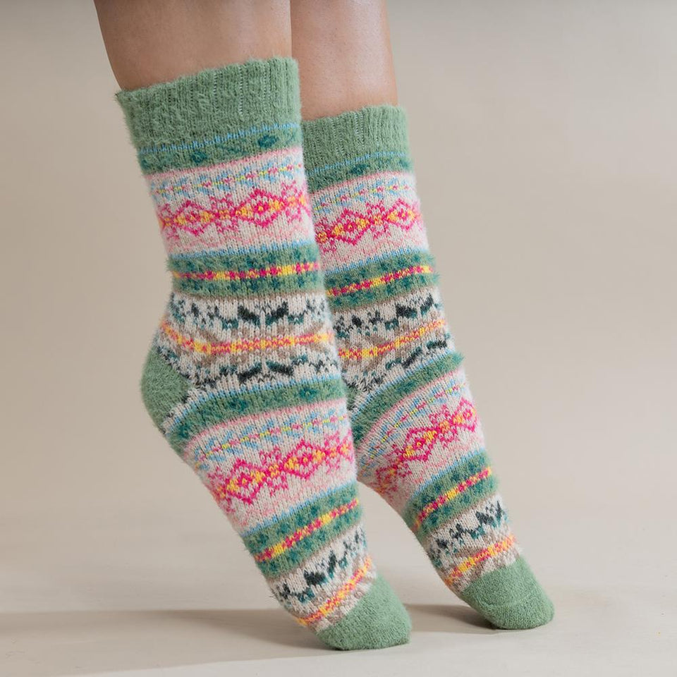 Gemjar Green Fawn and Pink Scandi Patterned Soft Wool Blend Socks