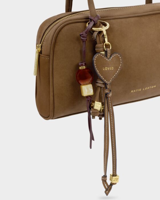 Katie Loxton Heart Charm Keyring Loved Caramel Suedette