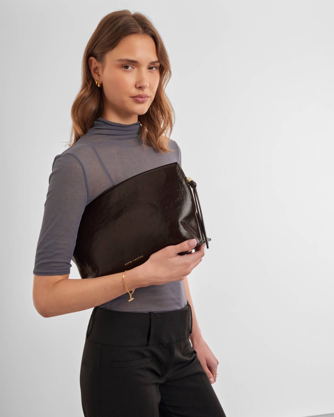 Katie Loxton Freya Clutch Bag Chocolate Patent Crackle