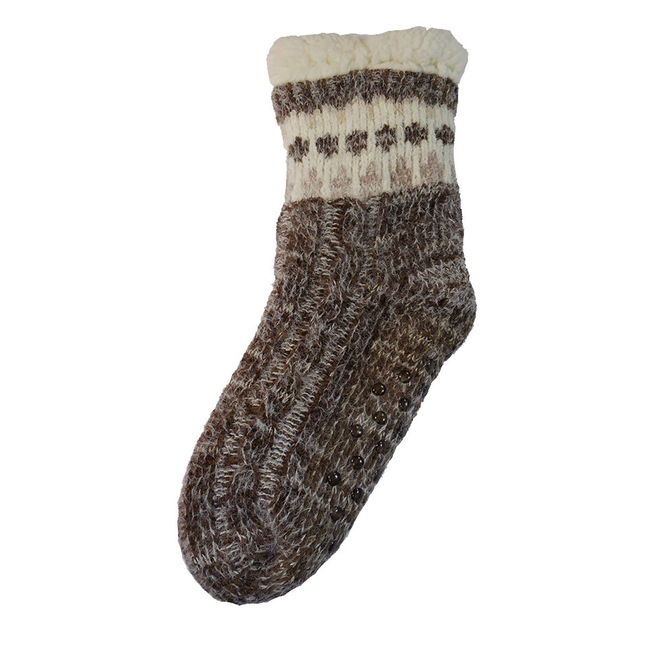 Gemjar Brown Patterned Fleece Lined Cable Knit Slipper Socks