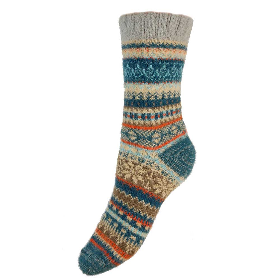 Gemjar Teal Fawn and Orange Scandi Patterned Soft Wool Blend Socks